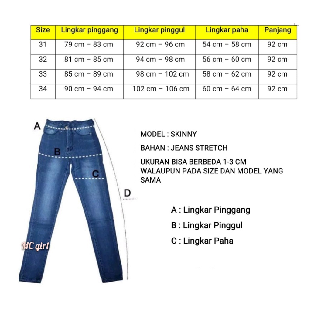 ( Size 31 - 34 ) MC girl Celana Jeans Polos Jumbo Wanita / Celana Jeans Lgo Skinny Panjang Cewek