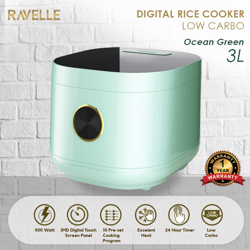 Ravelle Smart Digital Rice Cooker Low Carbo Low Sugar 3L - Ocean Green