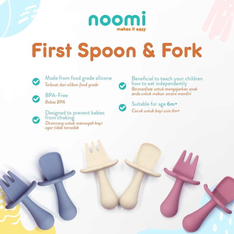 Noomi Silicone First Spoon &amp; Fork / Sendok makan anak bayi