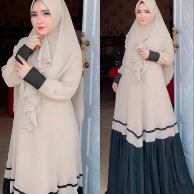 Mulky Syari Plus Kerudung Khimar 2 Layer Full Renda Dress Kondangan Polos Lengan Balon Gamis Trendy