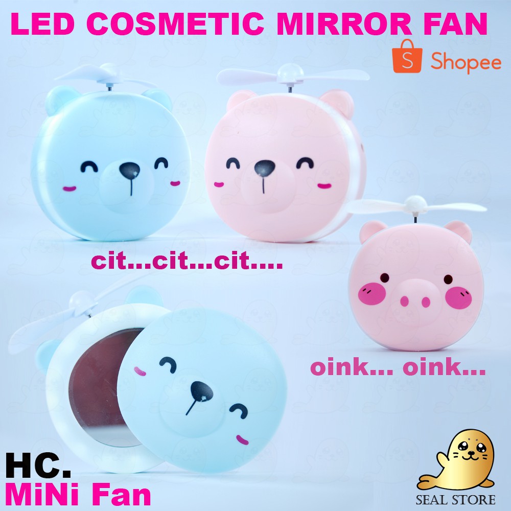 Kaca Cermin Lampu LED + Kipas Angin Mini Portable USB Karakter