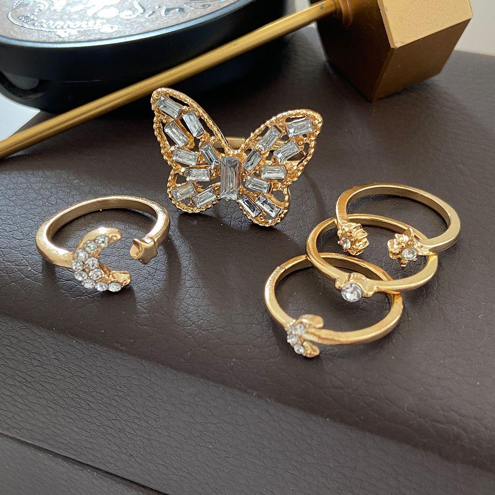 Preva 5Pcs/Set Cincin Berkilau Wanita Berlian Metalik