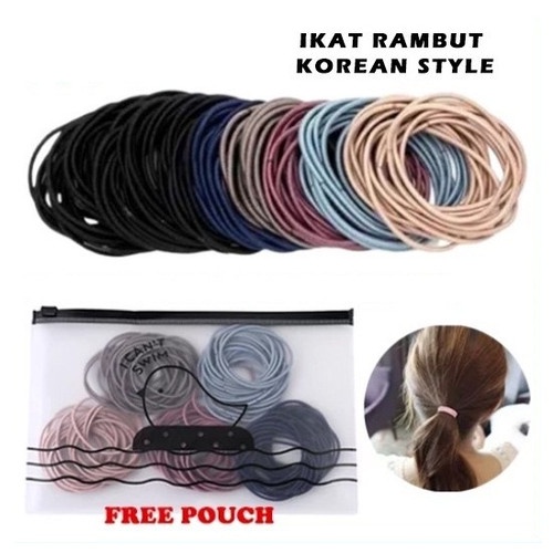 [ Cinicini ] Ikat Rambut Karet Korea Model Polos Plus Pouch