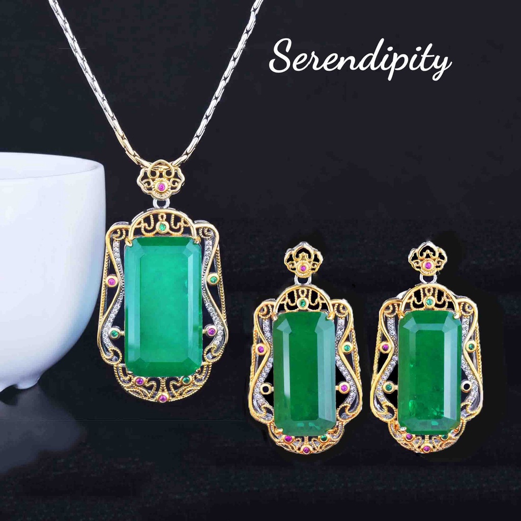 Goldkingdom Perhiasan Fashion Emas Asli Kadar 375 Bangkok Aksesoris Ready Stock Emerald Set Itali Dua Warna Gilt Nothing Pendant Earrings