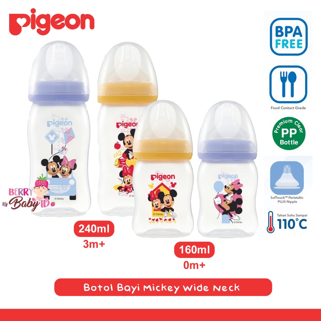 Pigeon Botol PP Wide Neck Botol Susu Bayi Mickey Minnie 160ml 240ml Berry Mart