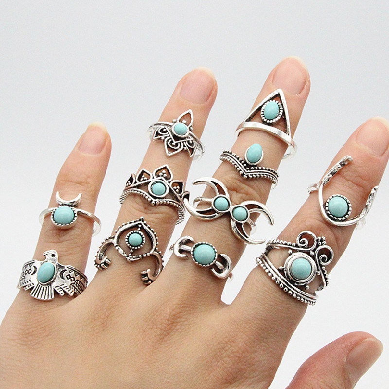 11pcs / Set Cincin Bentuk Burung Hantu Bulan Sabit Turquoise Gaya Bohemian Untuk Wanita