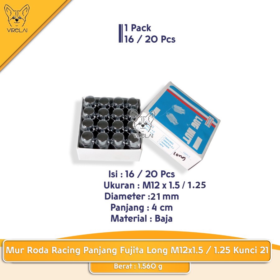 Mur Roda Racing Panjang Fujita Long M12x1.5 / 1.25 Kunci 21 isi 16/20 Pcs