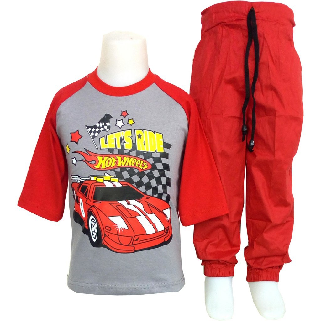 MANTROLL - Setelan Celana Kaos Anak Gambar Mobil Balap Hot Wheels joger panjang merah polos keren