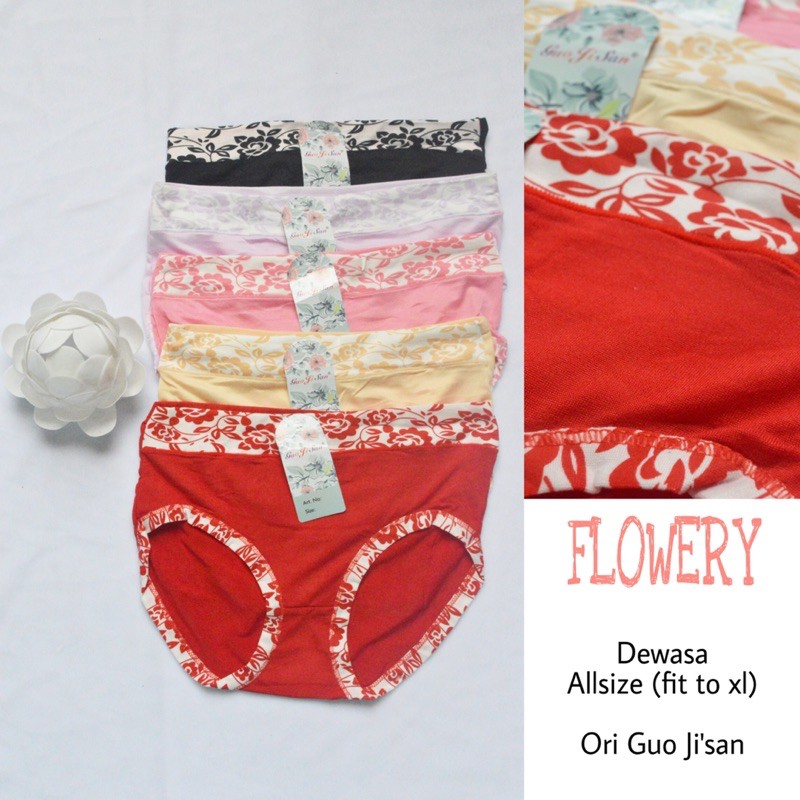 1 LUSIN | CELANA DALAM WANITA KATUN MOTIF BUNGA MERK GUO JI SAN ORI