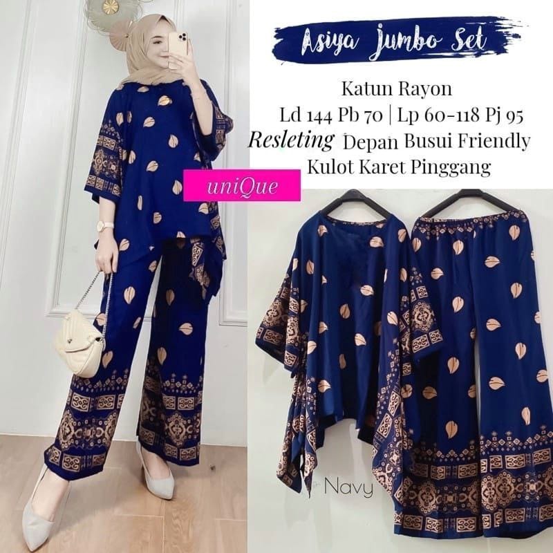 Setelan Jumbo | One Set Waka Motif Asiya Big Set / Niyara Set By Batik AW Size Jumbo LD 130 Busui | Set Wanita-Asiya Navy