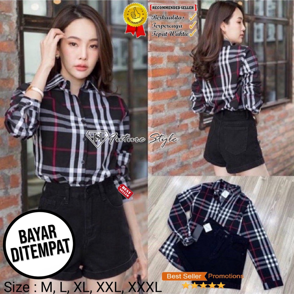 GSL - KEMEJA WANITA CASUAL JUMBO KOREA LENGAN PANJANG IMPORT POLOS KOTAK KOTAK OVERSIZE / Baju Kemeja Wanita Burberry / atasan wanita terbaru 2021 kekinian viral-4