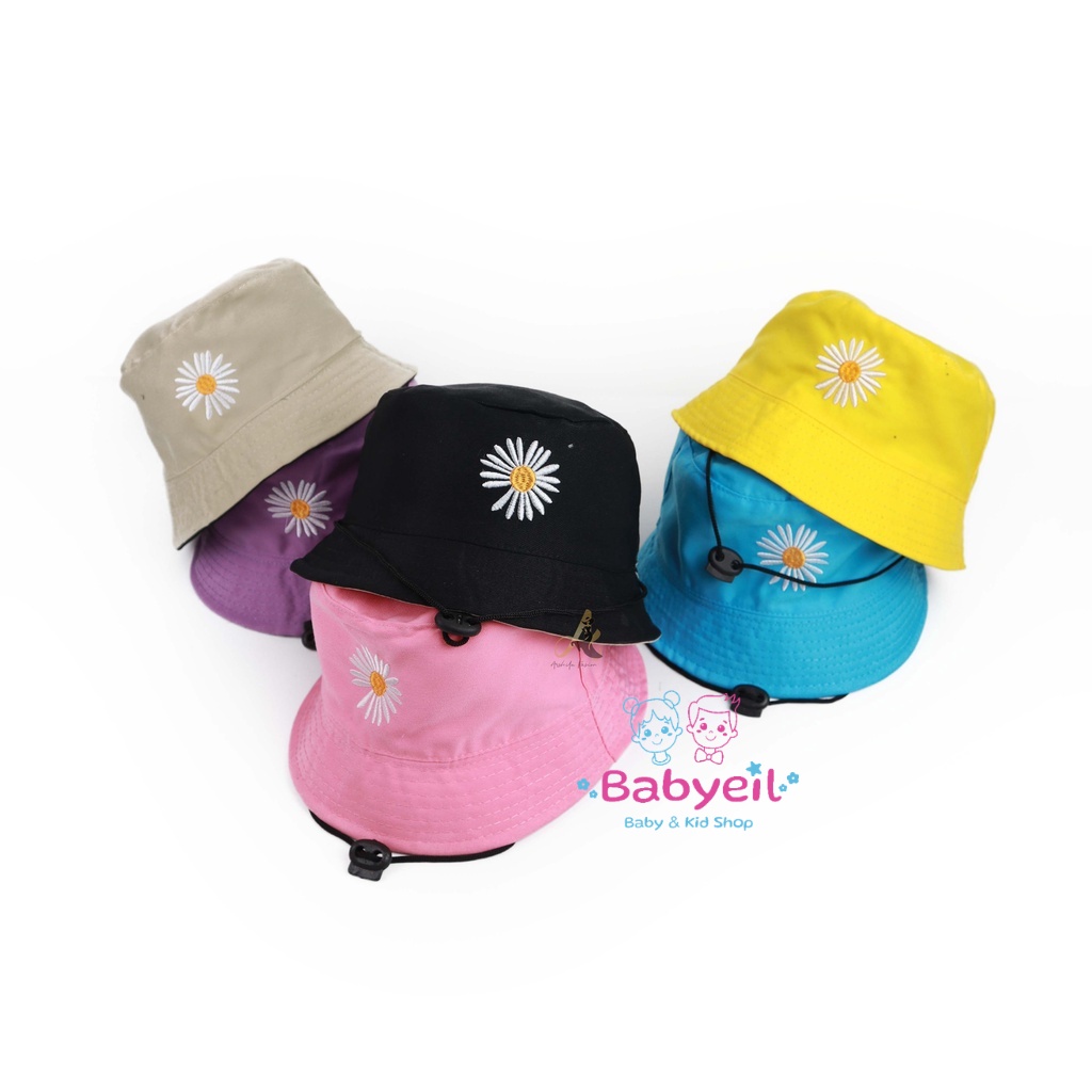 Topi anak bordir bunga bolak balik bucket hat anak bordir bunga daisy