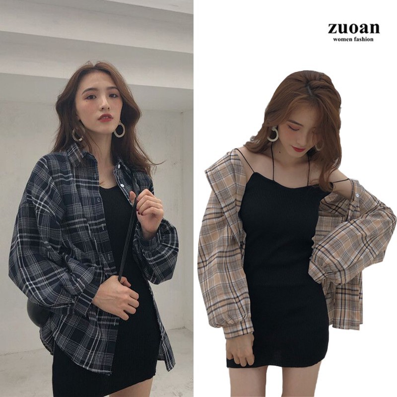 Kemeja Lengan Panjang Kotak-kotak Gaya Korea + Gaun Pendek Sling Knit