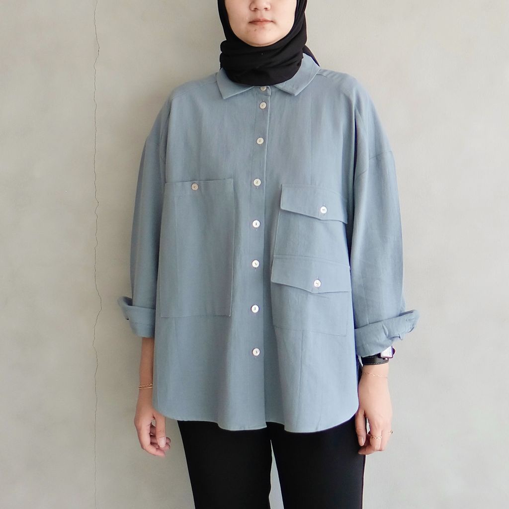 Luca Shirt Kemeja Basic Wanita Oversize Katun Linen Atasan Blouse Polos Lengan Panjang