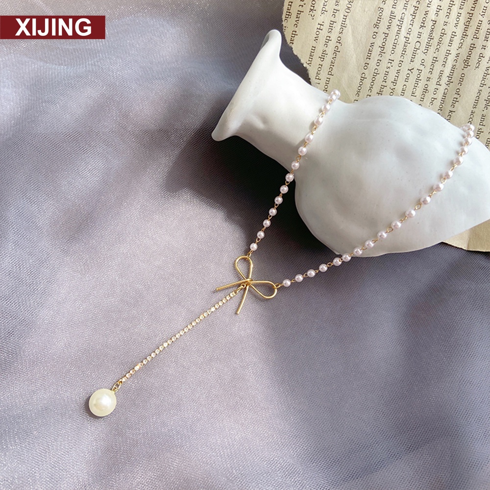 【COD Tangding】Bowknot Pearl Pendant Necklace Women Temperament Simple Clavicle Long Style Chain Korea Fashion Accessories Jewelry