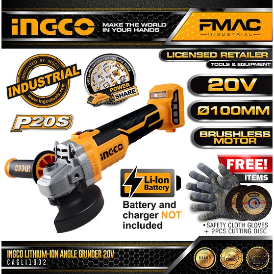 INGCO CAGLI1002 20v BRUSHLESS Cordless Angle Grinder 100mm
