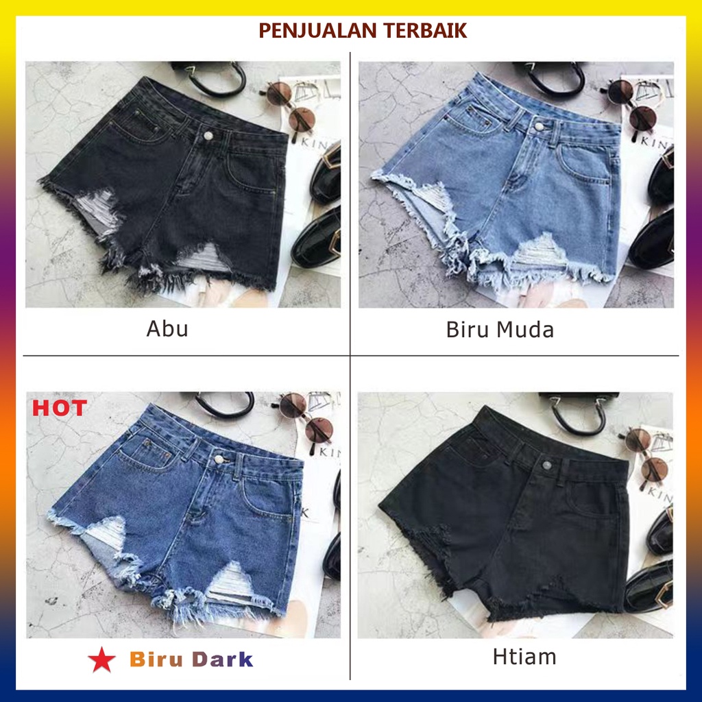 【Promo】Blue celana jeans pendek wanita hot pants jeans ripped kakinian dewasa high waist hitam santai cewek