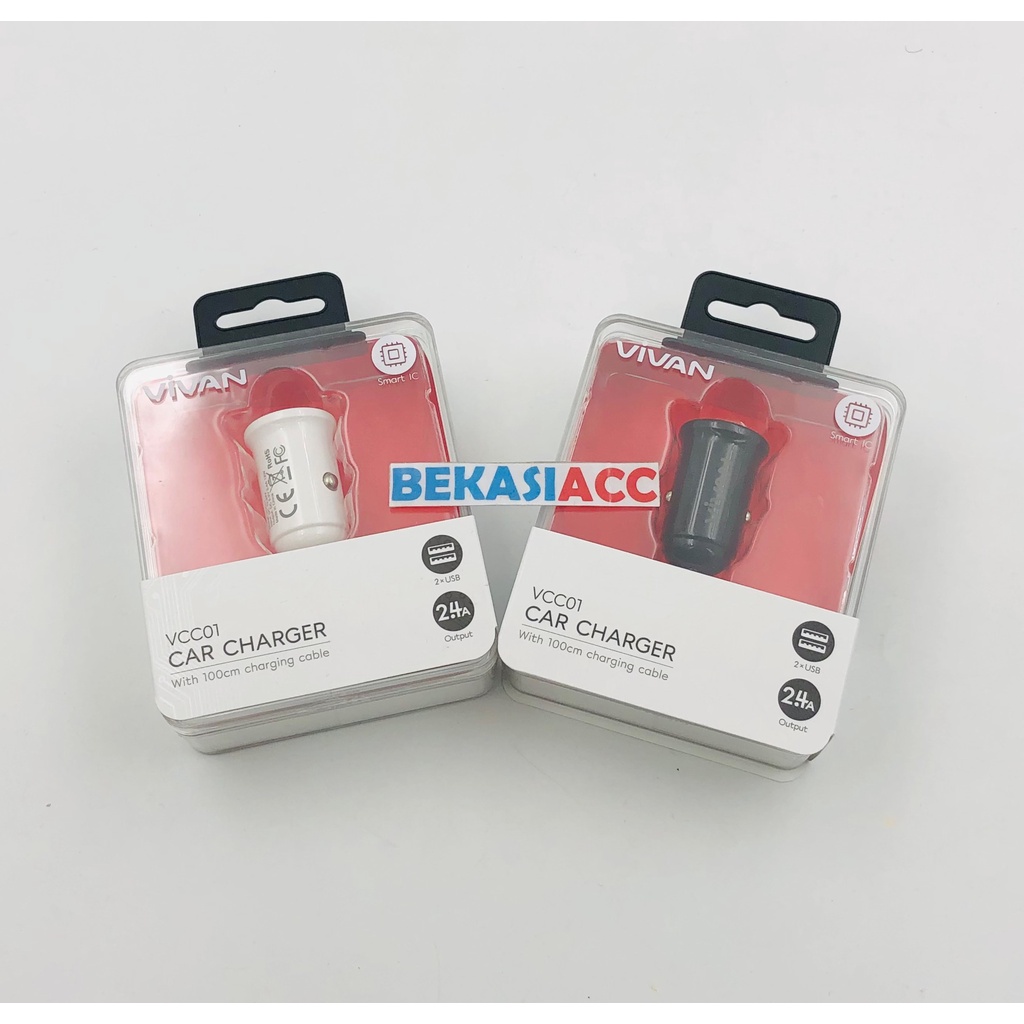 Vivan VCC01 Car Charger Mini Dual Port USB-A 12W 2.4A with Cable - Hitam/Putih