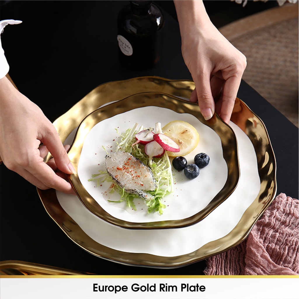 European Style Gold Piring Rim Matte Plate Makan Keramik Salad Fine Dining Cantik Ceramic Mewah