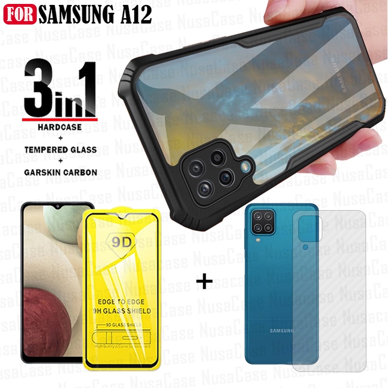 PROMO Paket 3 IN 1 Case Samsung Galaxy A12 Hardcase FusioN ShockProof Free Anti Gores Layar &amp; Skin Carbon Pelindung Body Belakang Handphone