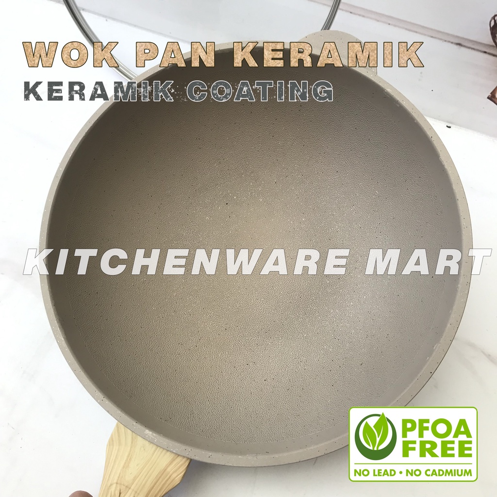 Wokpan Keramik 28 cm Tutup Kaca Wok Ceramic PFOA FREE - Wajan Keramik Panci wajan Penggorengan Fry