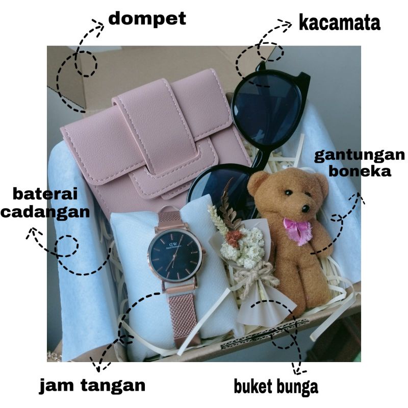 Paket Hampers Ulang Tahun Cewek Kado Gift Box Anniversary Wisuda Graduation Jam Tangan Rantai Pasir Dompet Kulit Cewek Kacamata Hitam Boneka Gantungan Kunci Buket Bunga Kering