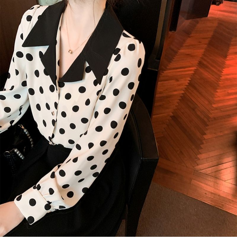 MDLV - 2160# Polkadot Notched Collar Shirt Blouse Polkadot Atasan Polkadot Lengan Panjang Fashion Import