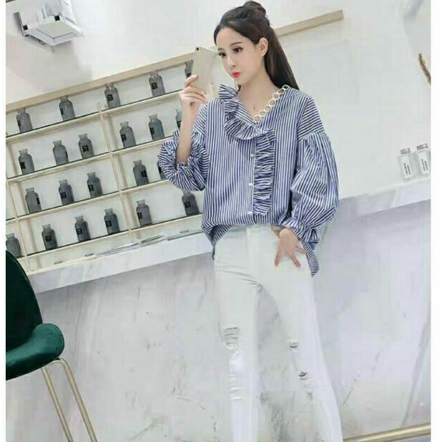 9321 Baju atasan blouse kerja lengan balon putih wanita import baju atasan blouse cewek import biru
