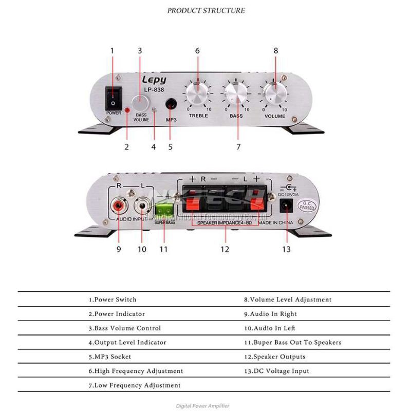 Amplifier Lepy HiFi Stereo Ampli Mini  12V Treble Bass Booster LP-838