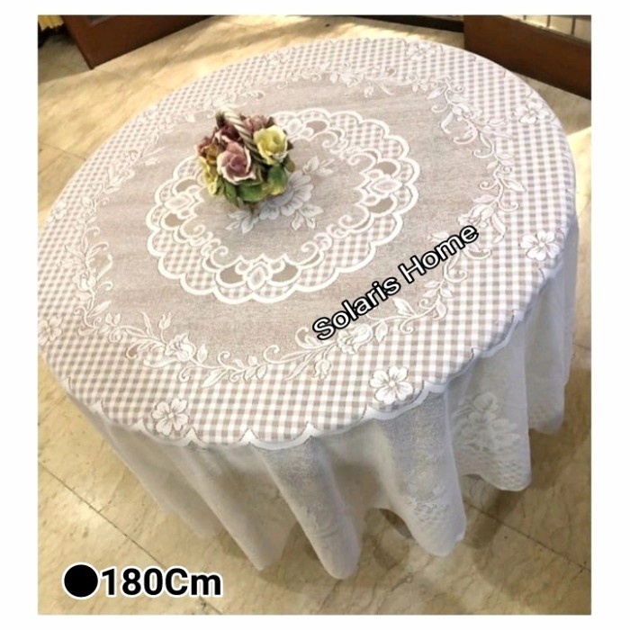Taplak Meja Makan - Taplak Meja Makan Bulat Bundar Besar 180Cm Kain Renda Putih Halus