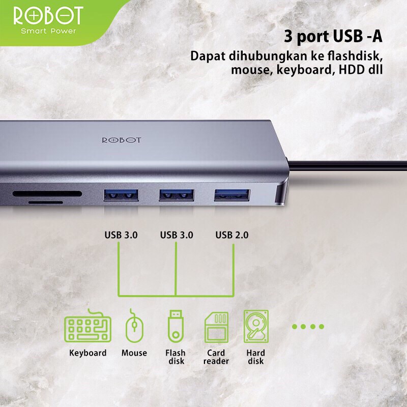 ROBOT - HT370 Multiport 7 in1 USB Type C HUB Adapter Lightweight &amp; Portable Space grey-Garansi 1 Thn