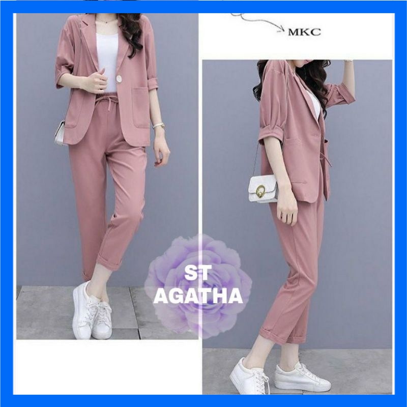Setelan Agatha Blezer One Set Wanita Trendy Kekinian Cantik Polos Terbaru 2021 Setcel Casual Modis