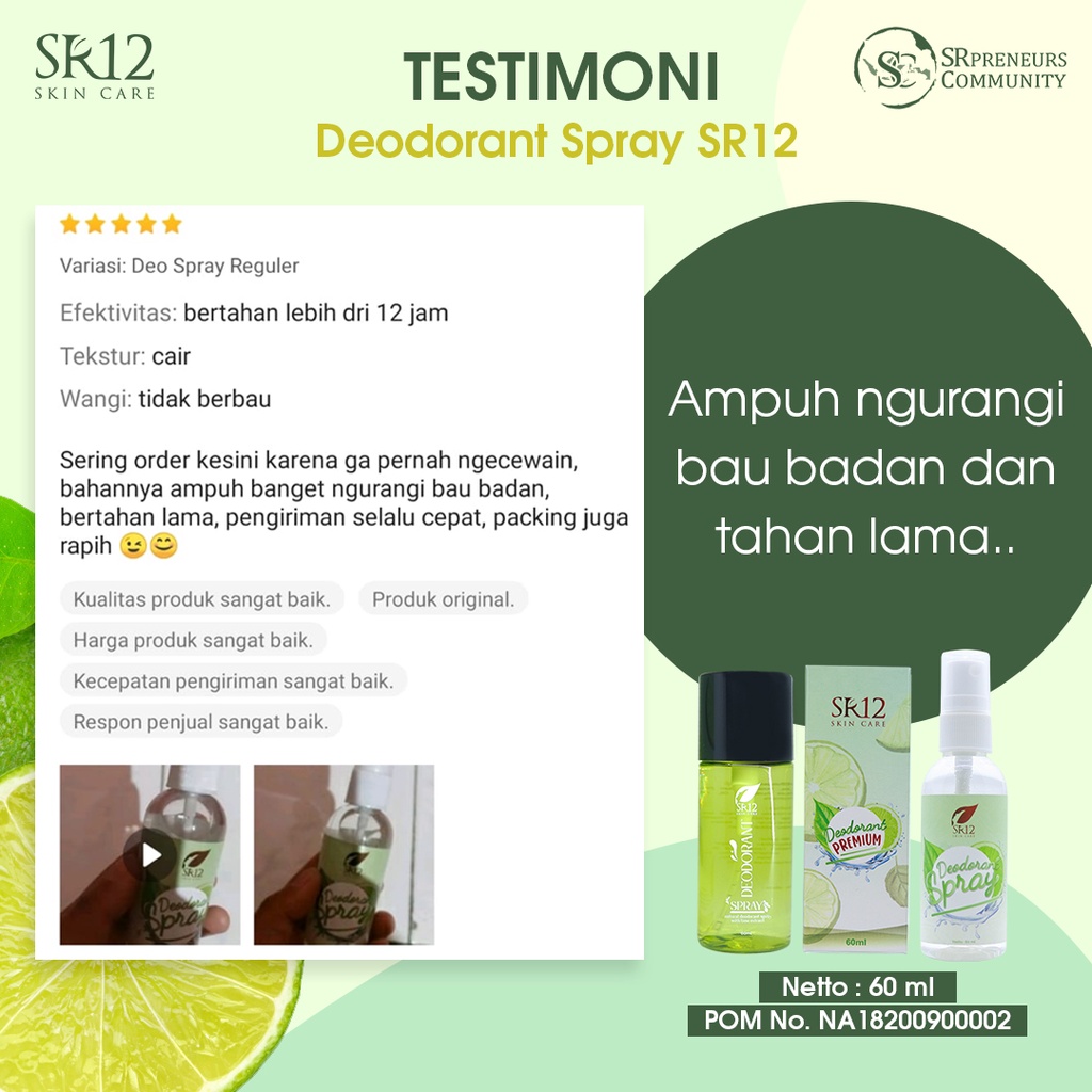 DEODORANT SPRAY PREMIUM SR12 60 ML / TAWAS CAIR / PENGHILANG BAU BADAN / ANTI BAKTERI