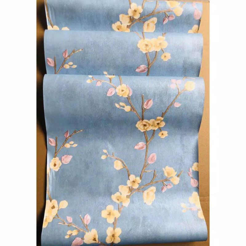 Wallpaper Sticker Dinding Motif Bunga Sakura Biru Panjang 10Meter x Lebar 45cm