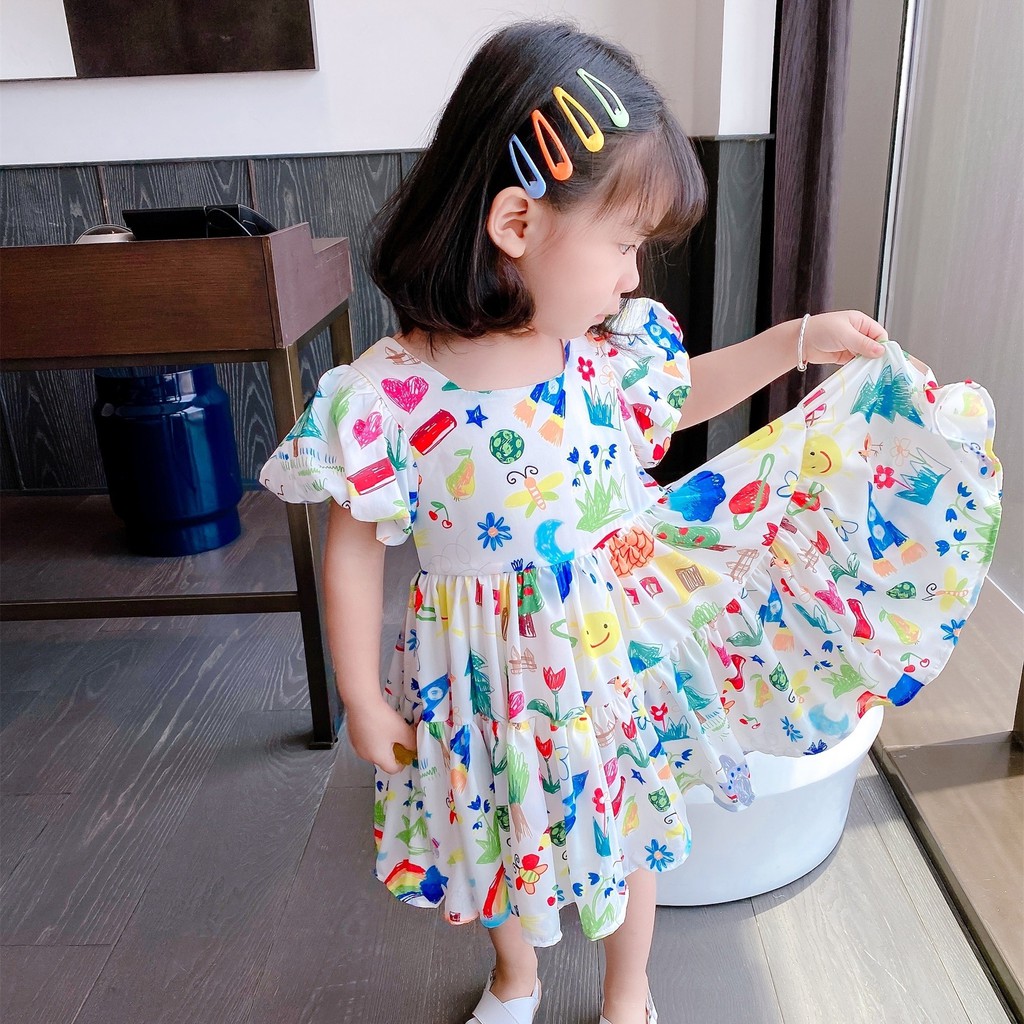 Musim panas baru gadis rok puff lengan gaun putri gaun anak memakai bernapas