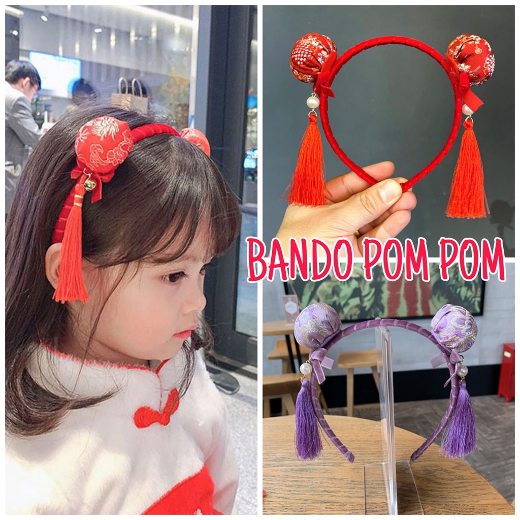 BANDO POM POM MERAH AKSESORIS IMLEK FASHION ANAK CEWEK IMPORT CHONGSAM JEPITAN RAMBUT