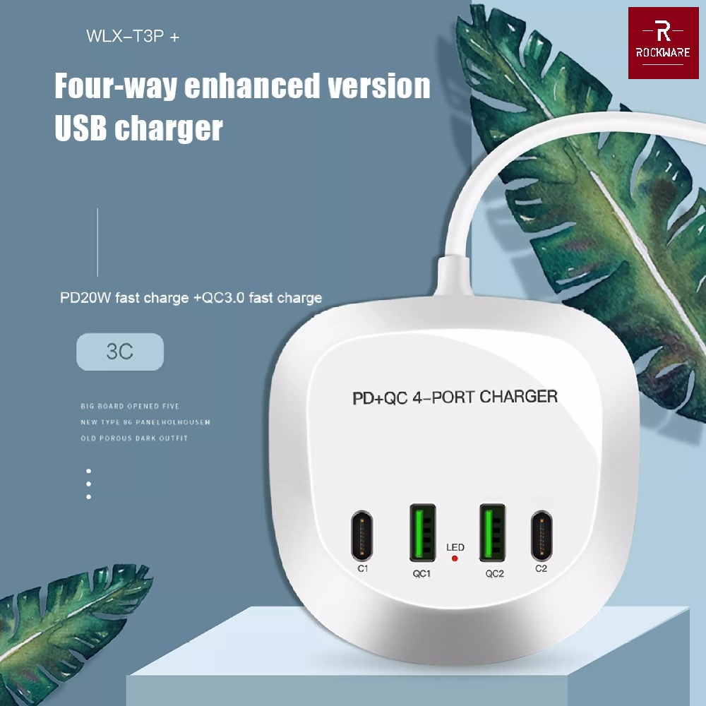 AKN88 - ROCKWARE WLX-T3P PLUS - 4 USB Port Charger PD and QC 3.0