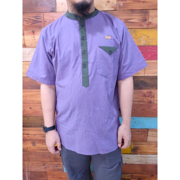 Baju koko Ungu lilac lengan pendek kerah sanghai cotton oxpord motif simple