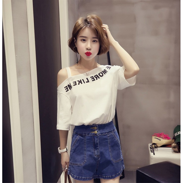 Baju Atasan Ulzzlang T-Shirt Fashion Korean Style Tampak Bahu Kaos Cantik Kaos Wanita Lengan Pendek