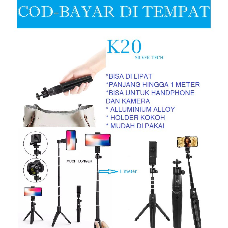 Tongsis Tripod 3 in 1 K20 Alluminium Alloy dengan Bluetooth Remote