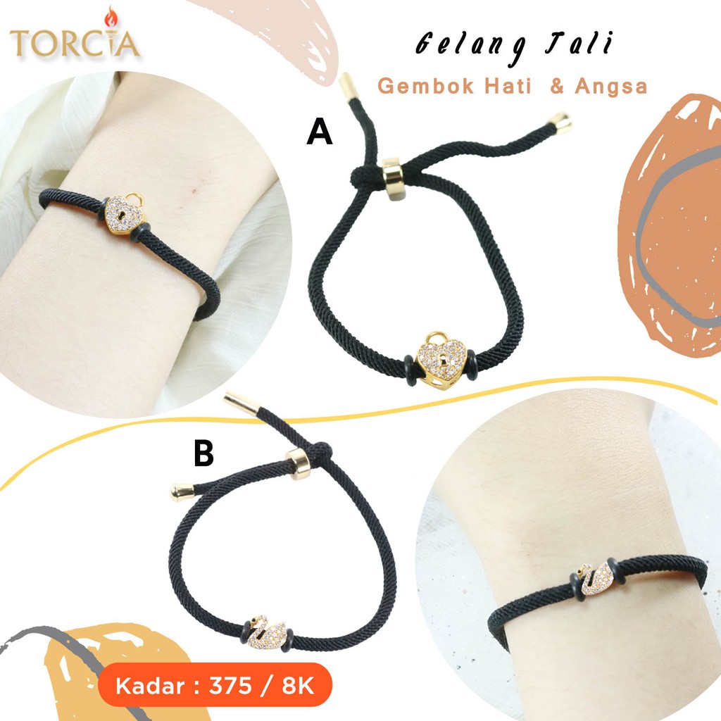 Gelang Tali Charm Emas Asli Gembok Hati & Angsa Kadar 375 Torcia