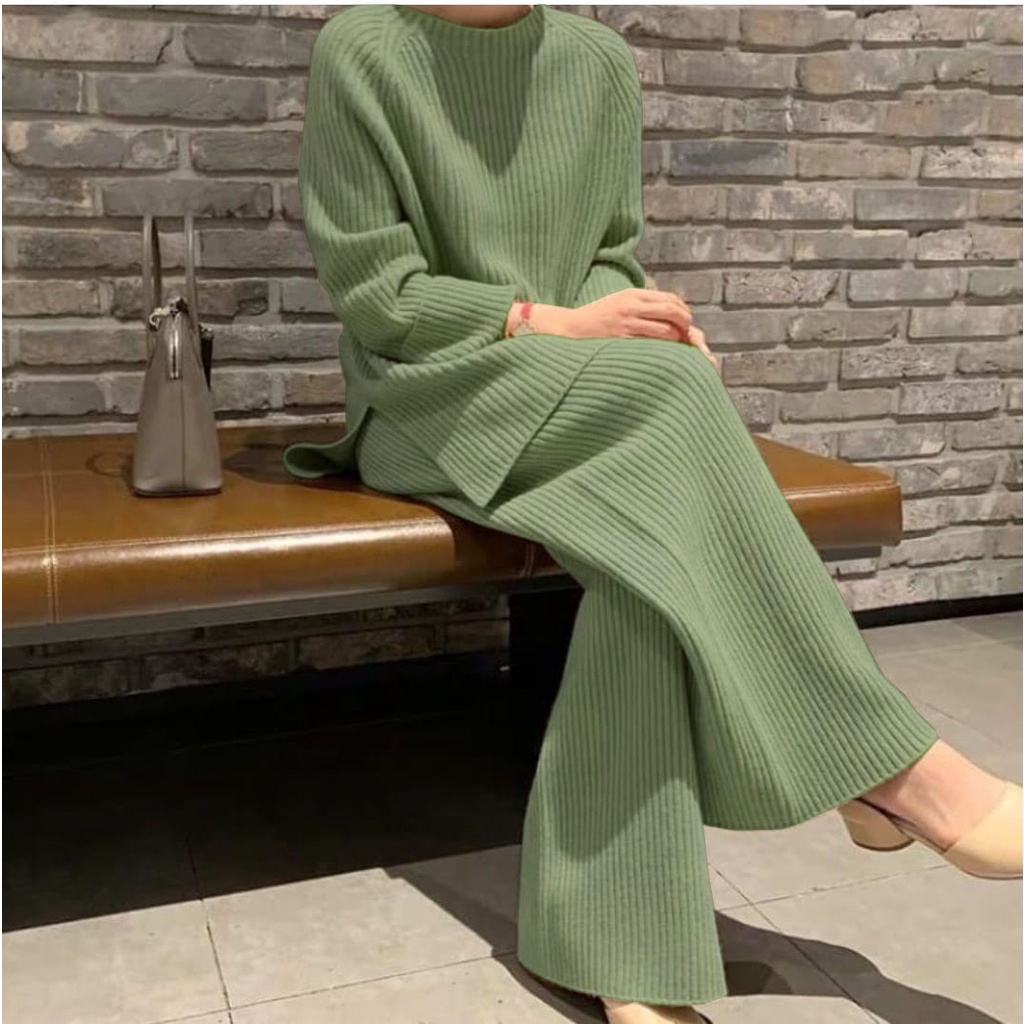 Yura One Set Batwing + Kulot Knit Pants Rajut Setelan 2 in 1 Wanita Muslim Polos Kekinian Bahan Rajut 7 Get Tebal Premium Oversize Set Rajut Wanita Satu Set Korean Style