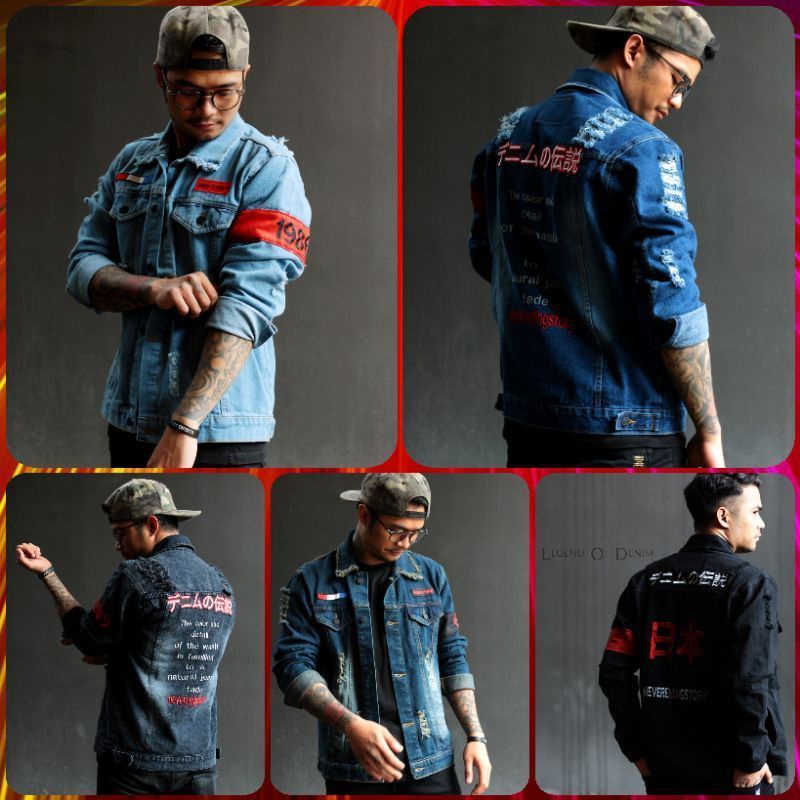 LEGEND OF DENIM™ Jaket Jeans Pria Original Ripped Full Bordir Korean Style Series Jaket Cowo Sobek