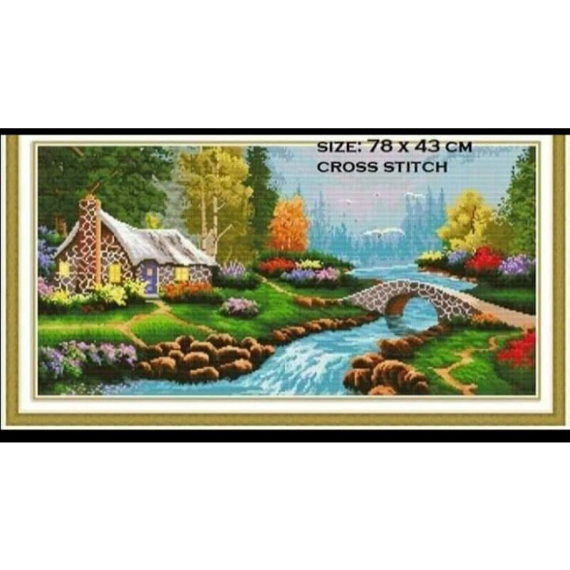 paket kristik pola kain 11ct pemandangan rumah tepi sungai
