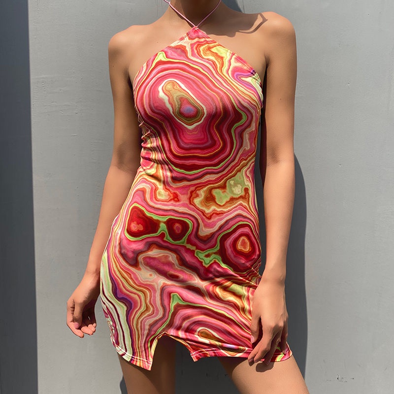 BIIKPIIK Eropa dan Amerika Fashion Wanita Baru Swirl Print Halter Leher Terbuka Kembali Gaun Slim Ta