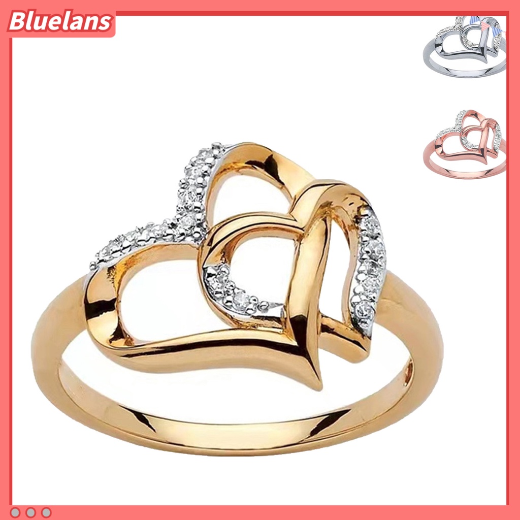 Bluelans Cincin Berlian Imitasi Bentuk Hati Ganda Model Hollow Bahan Alloy Untuk Wanita