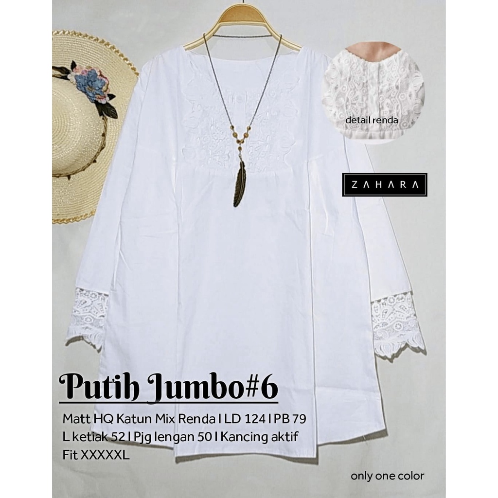 Putih Jumbo #6 Atasan Blus Putih Wanita LD 124 cm Katun Adem Blus Kerja Putih Formal Tepi Renda Kanc