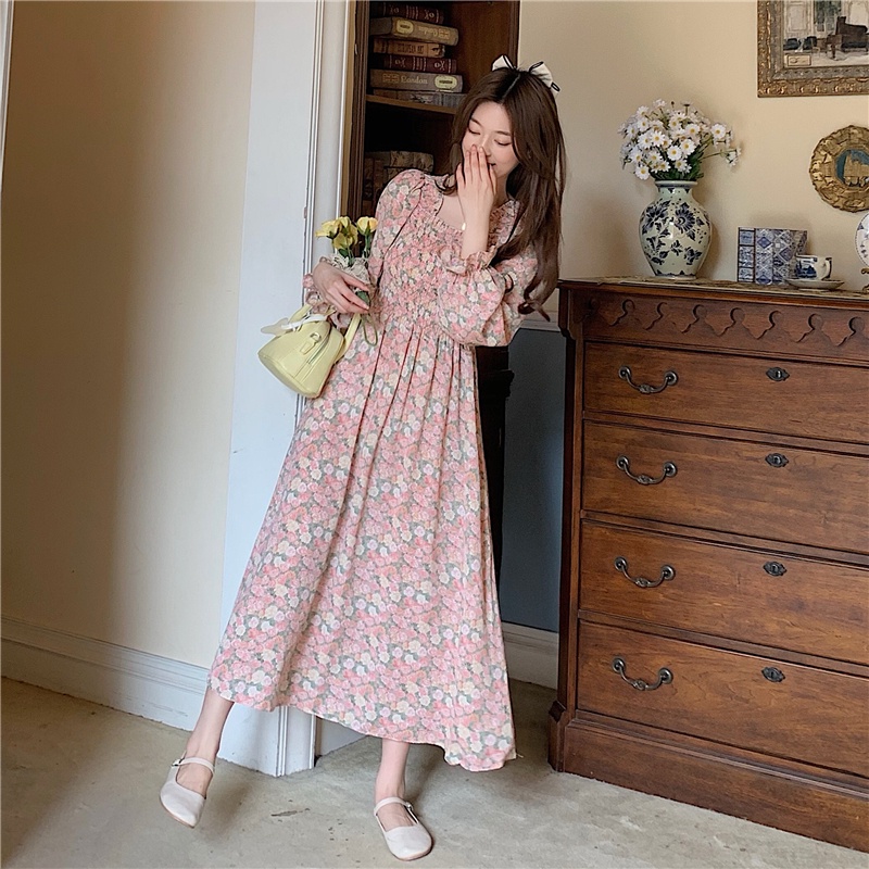 AIMEI Vintage French Square Neck Chiffon High Waist Mid-length Dress-5