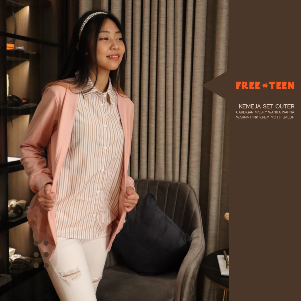 Kemeja Set Outer Cardigan Missty Wanita Warna Pink Krem Motif Salur (Kalmia 162)