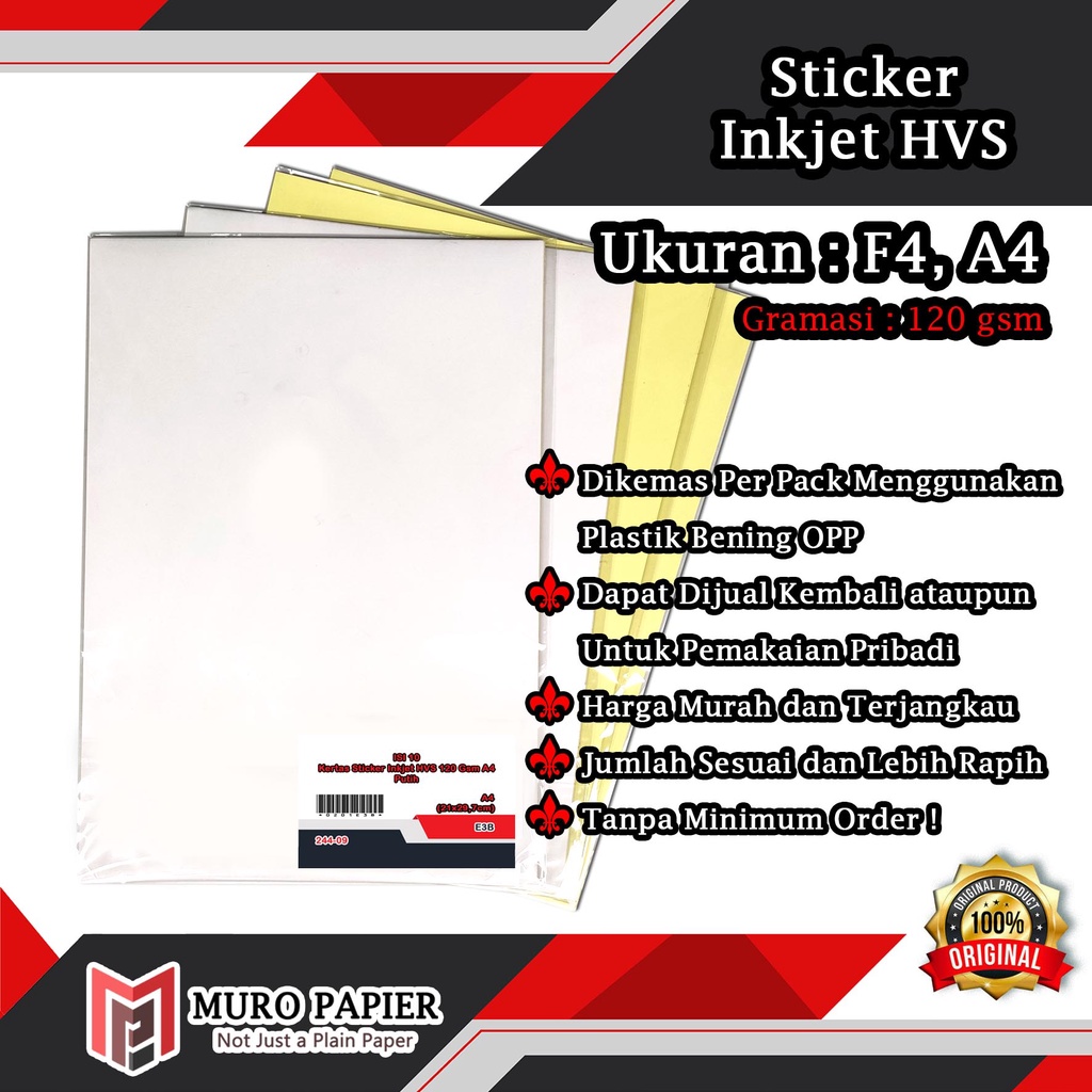 

( PER PAK - ISI 10 ) Kertas Sticker Inkjet HVS 120 gsm F4 A4 - by Muro Papier